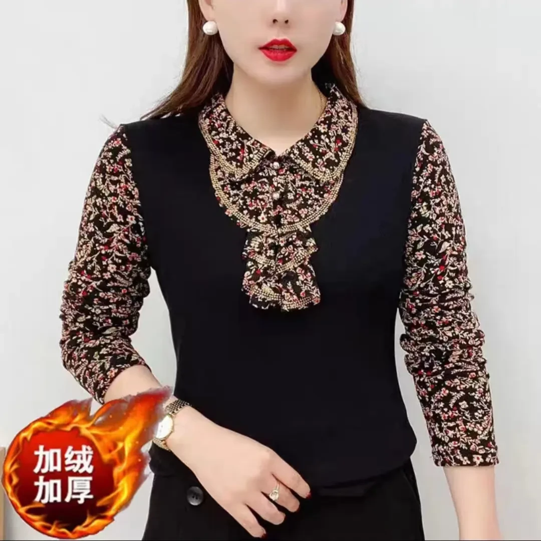 秋冬加绒加厚打底2024新款时尚半高领印花气质外穿百搭上衣