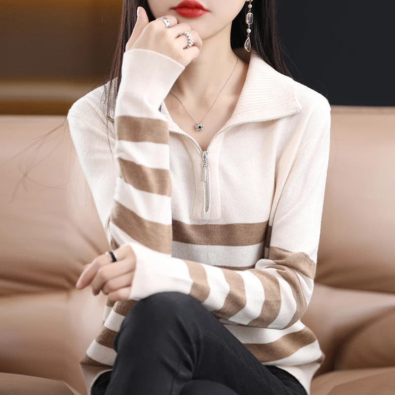秋冬打底衫女内搭宽松慵懒风羊毛衫小香风毛衣条纹半拉链翻领上衣