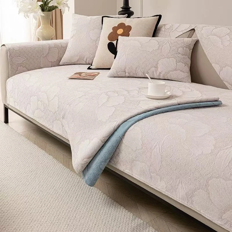 北欧纯色雪尼尔沙发垫简约四季通用沙发盖布防猫抓防滑沙发坐垫