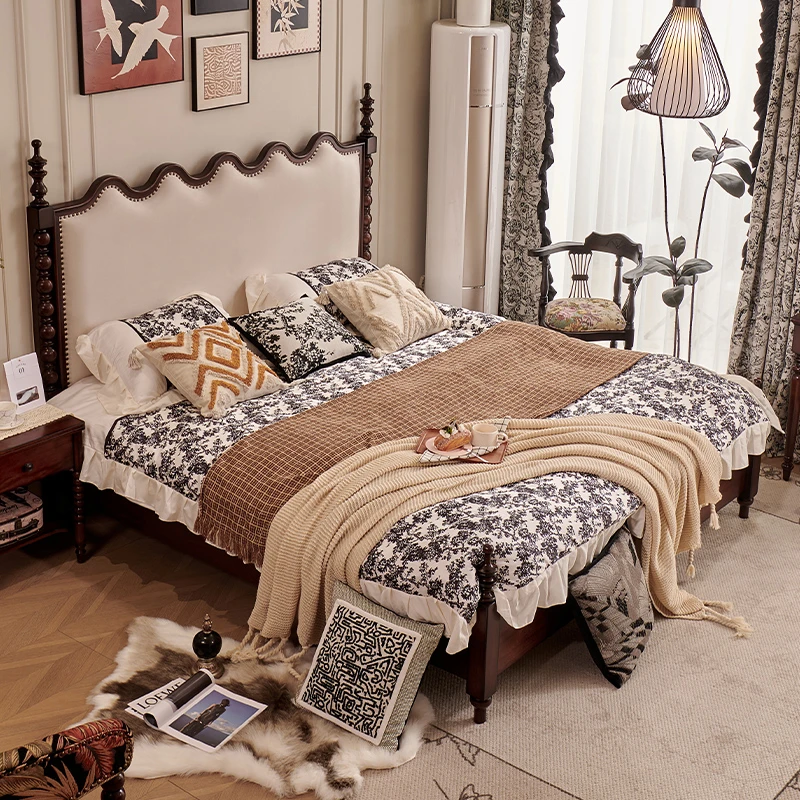 慕家时光美式中古风实木软包床主卧法式复古双人床软靠床桃花心木