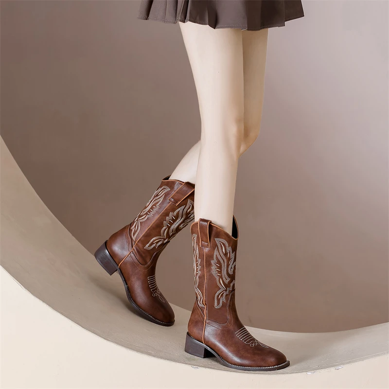 梦玲同款~真皮新款长靴皮扣短靴中筒靴西部牛仔靴高筒骑士靴