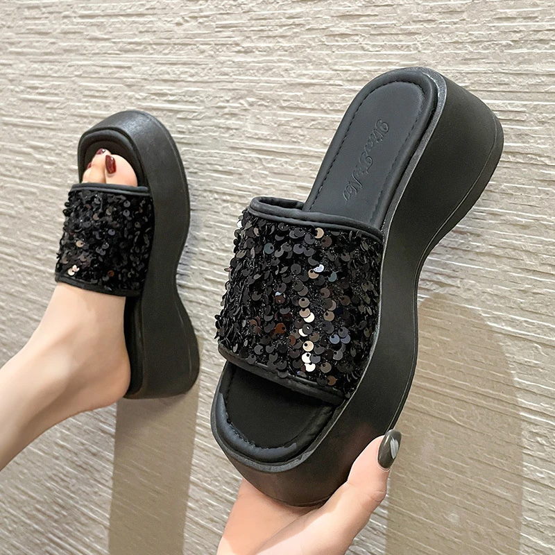 夏季新款圆头厚底拖鞋女鞋亮片时尚休闲日常外穿时尚潮流百搭松糕