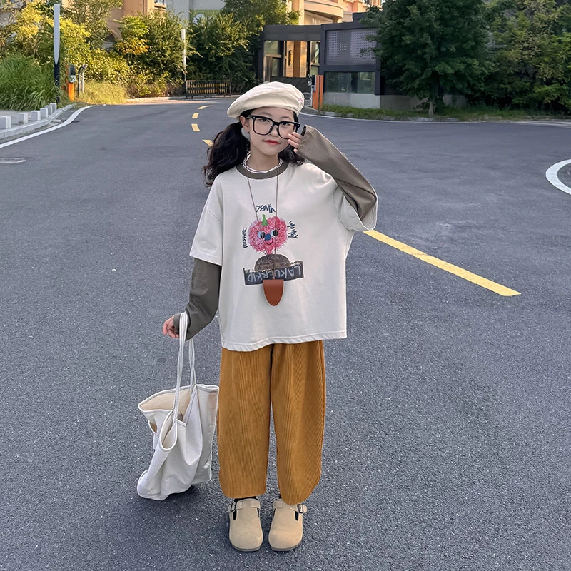 T1186女童长袖t恤2024新款秋装韩版女孩假两件打底衫时尚休闲上衣