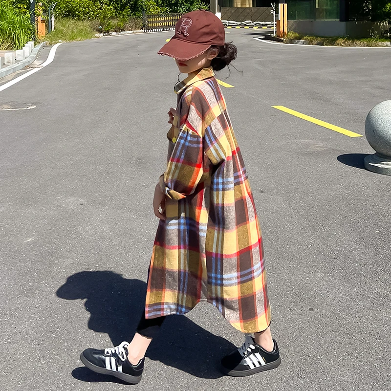 【复古格子】女童衬衫2024新款秋冬女孩加厚中长款衬衣洋气呢子外套