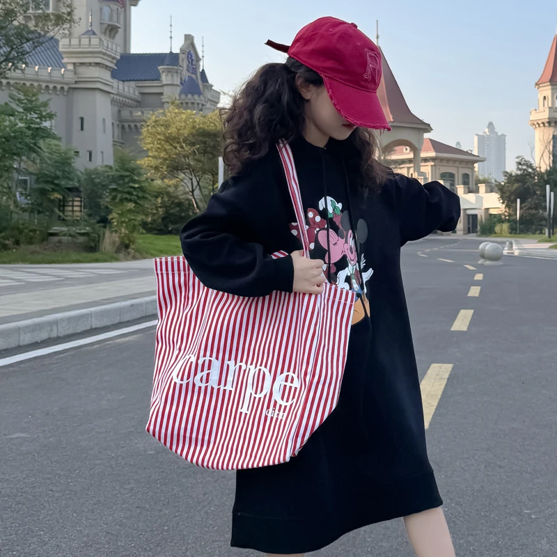 【包包】女童大容量条纹托特包2025新款休闲帆布包学生字母包