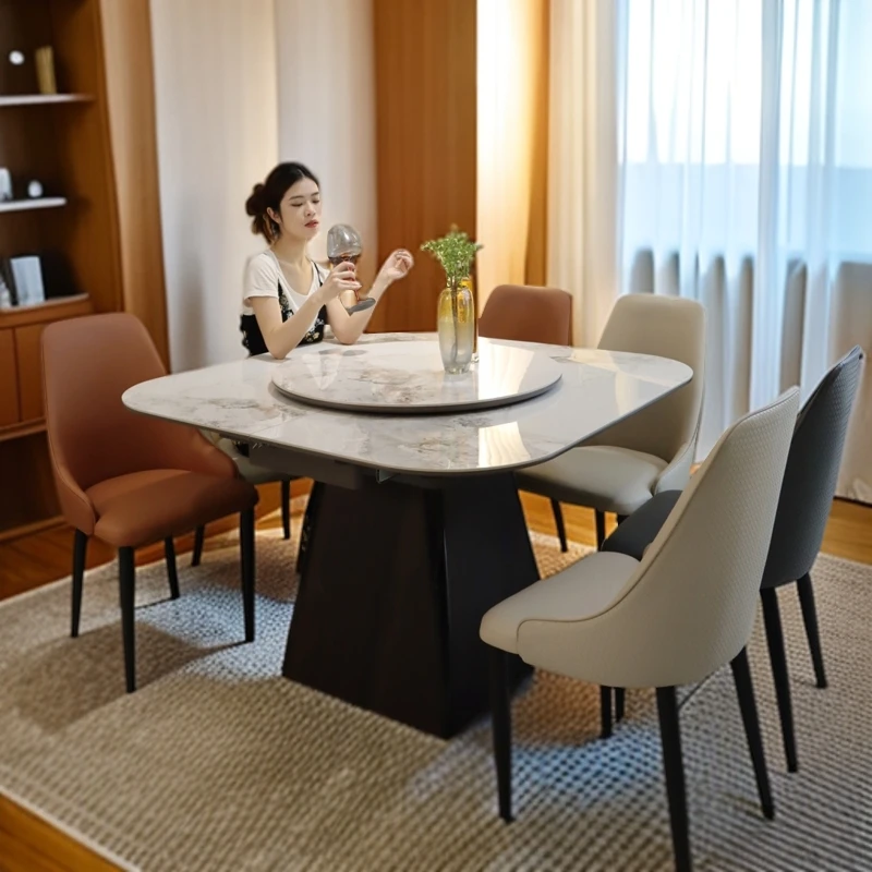 北欧实木岩板餐桌家用可伸缩折叠正方形拉伸变大转盘多功能饭桌