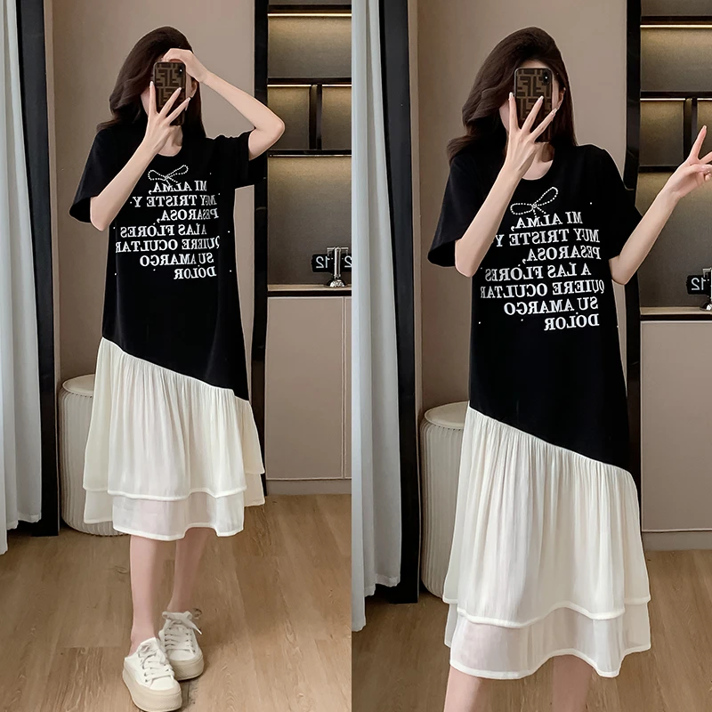 大码女装2025夏季新款胖MM宽松显瘦休闲印花钉珠拼接韩版连衣裙女