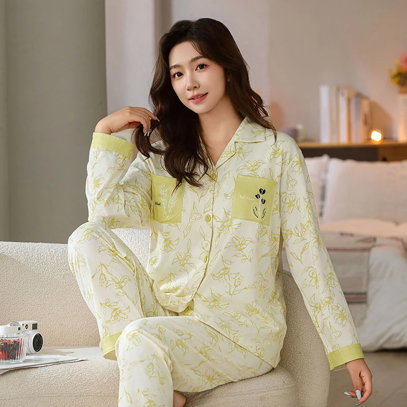 【带胸垫】睡衣女长袖春秋季2024网红大码宽松翻领夏天家居服套装