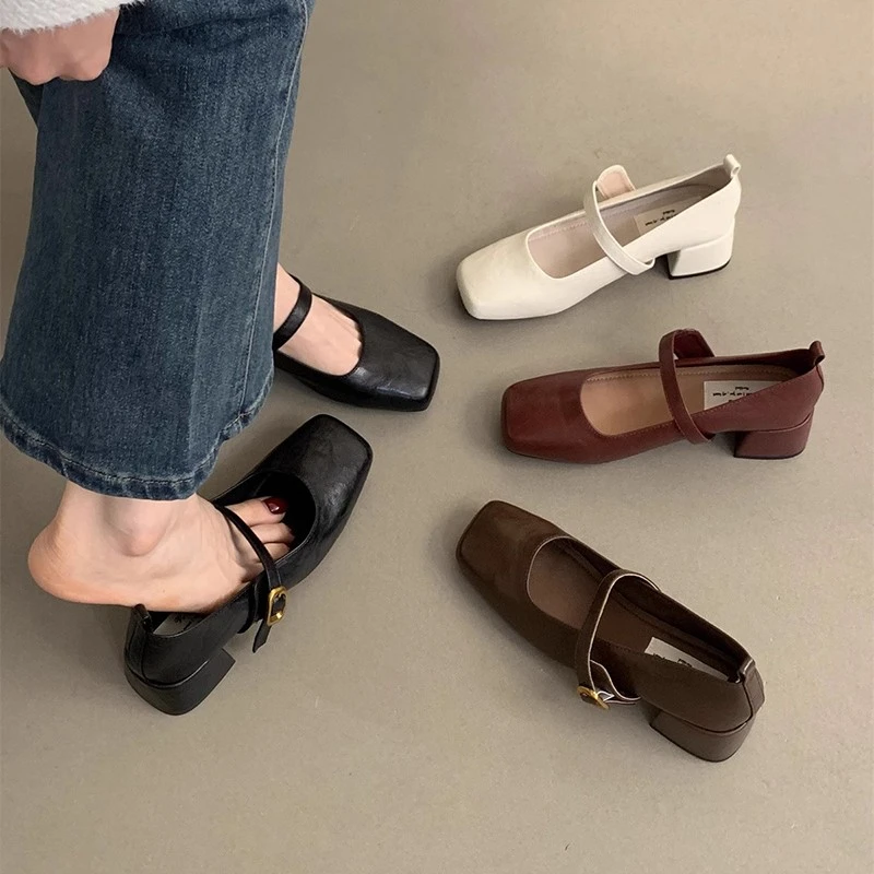 复古方头浅口粗跟单鞋女春秋新款法式晚风仙女软皮玛丽珍小皮鞋子