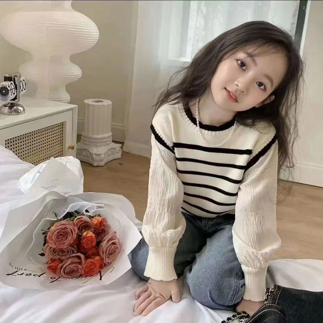 女童春装宽松长袖假两件条纹上衣网红时尚儿童针织衫女孩薄款毛衣