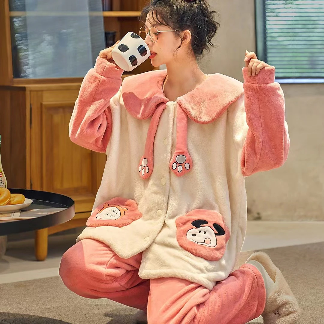 家居服套装女加绒秋冬大码女士宽松学生甜美冬天卡通睡衣保暖毛绒