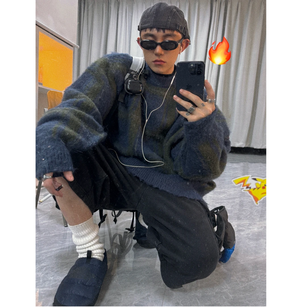 Aurocean 复古少年感蓝绿撞色大格纹毛衣 羊毛混纺马海毛针织衫