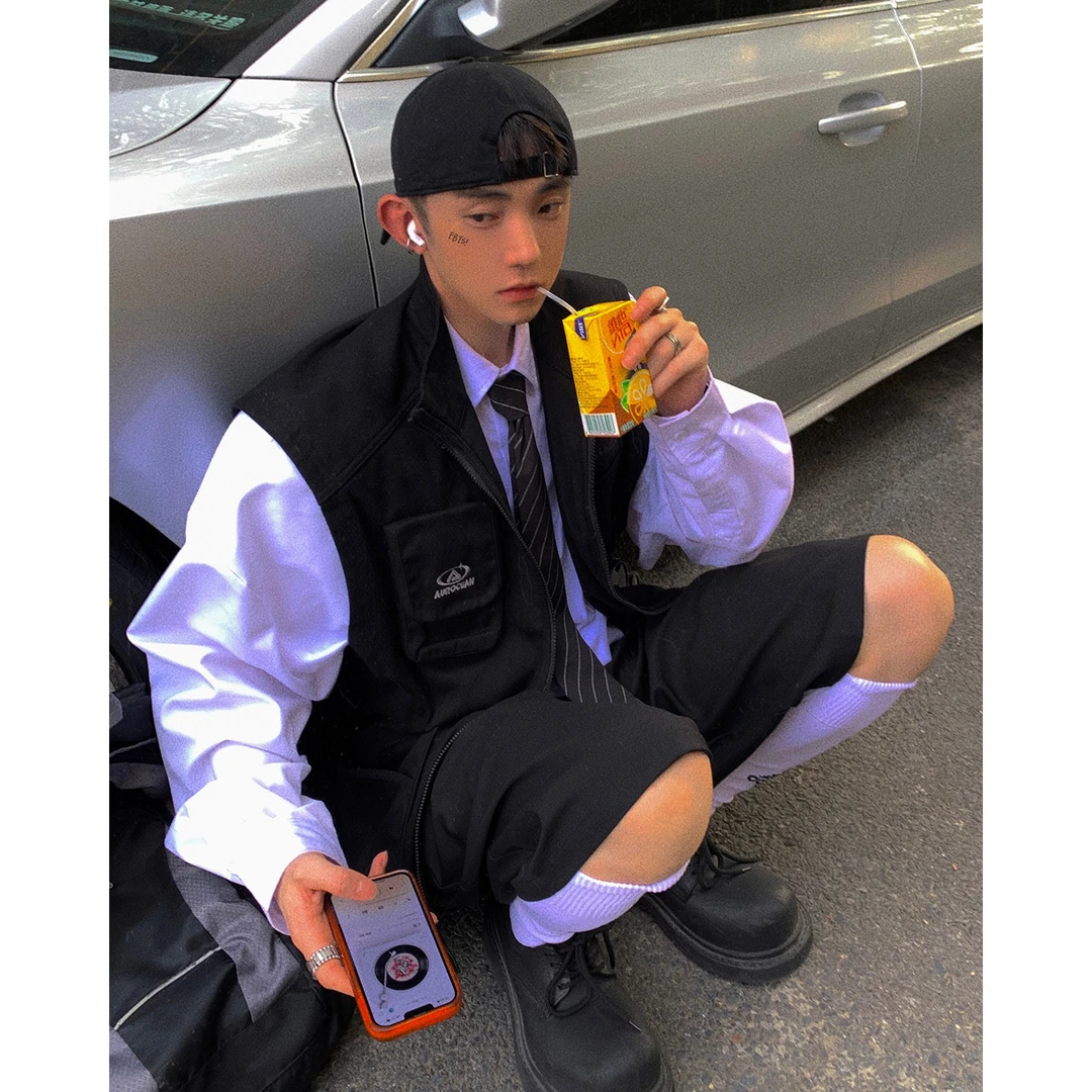 Aurocean 黑色工装马甲 奶痞机能少年感全棉宽松立领无袖外套