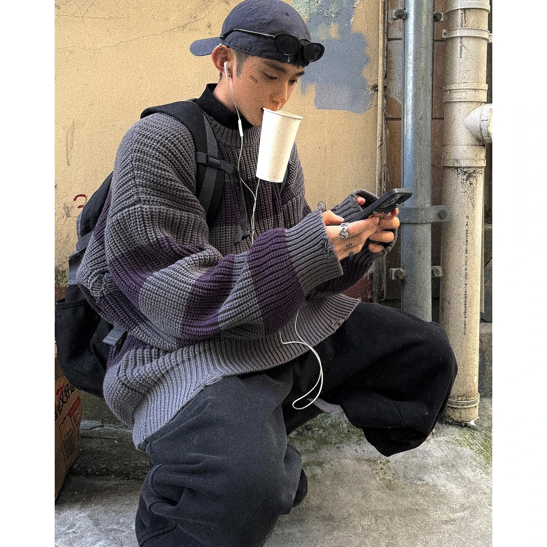 Aurocean 破损做旧粗线毛衣 重磅低饱和灰紫色复古宽条纹针织衫