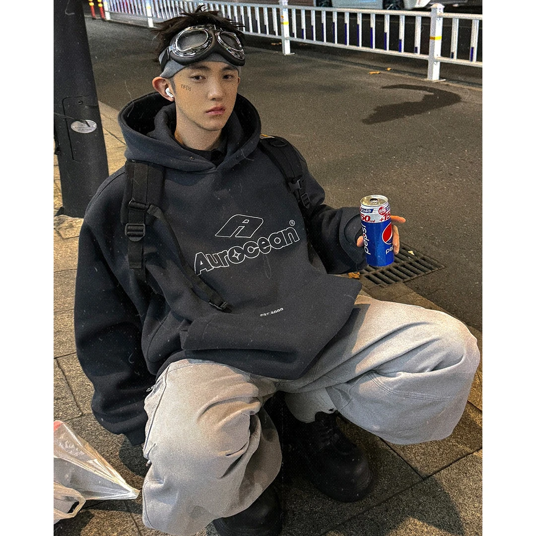Aurocean 加绒连帽卫衣 深铁灰色520克重磅珠地摇粒绒加厚外套