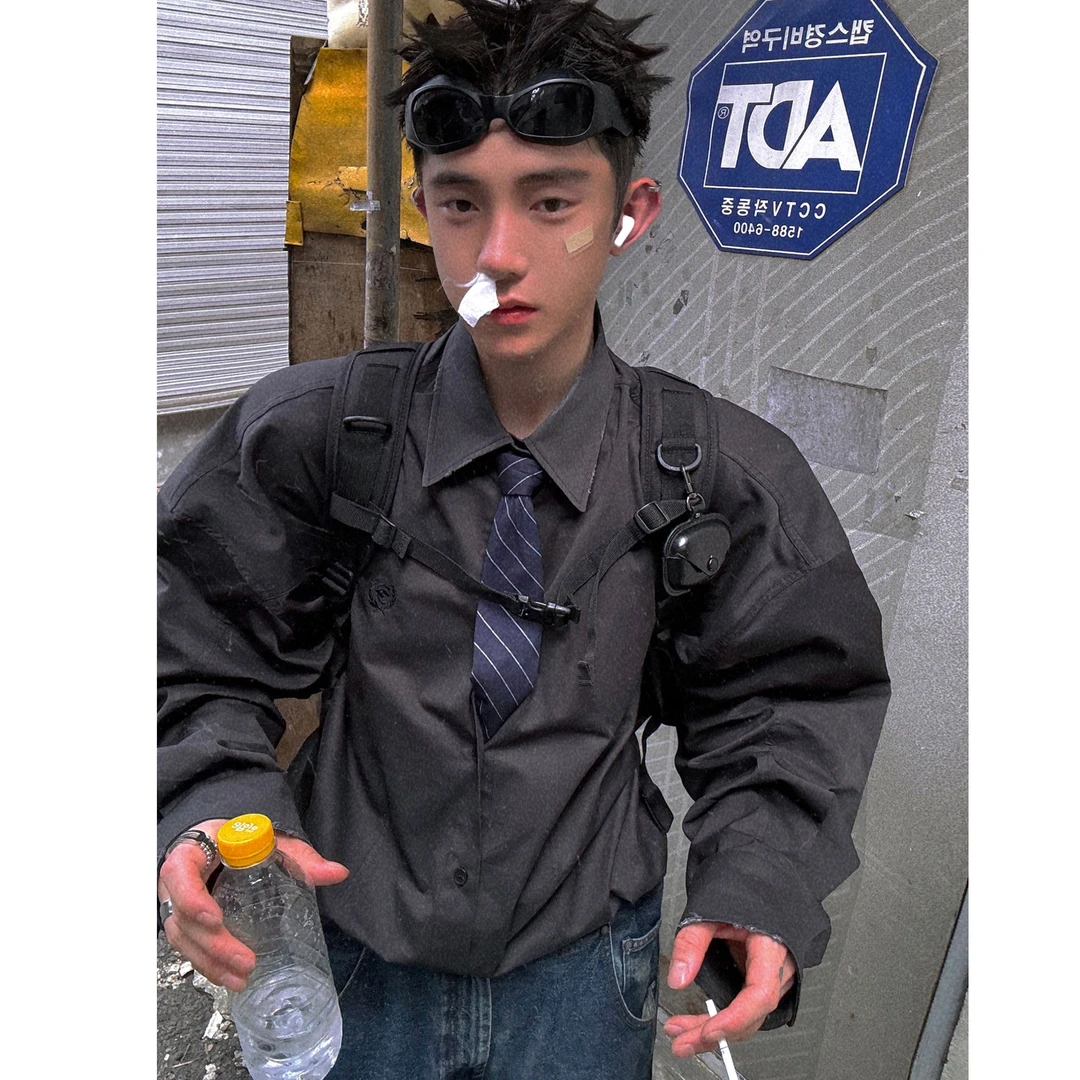 Aurocean 炭灰色水洗做旧学院厚衬衫 宽肩廓形纯棉破损衬衣外套