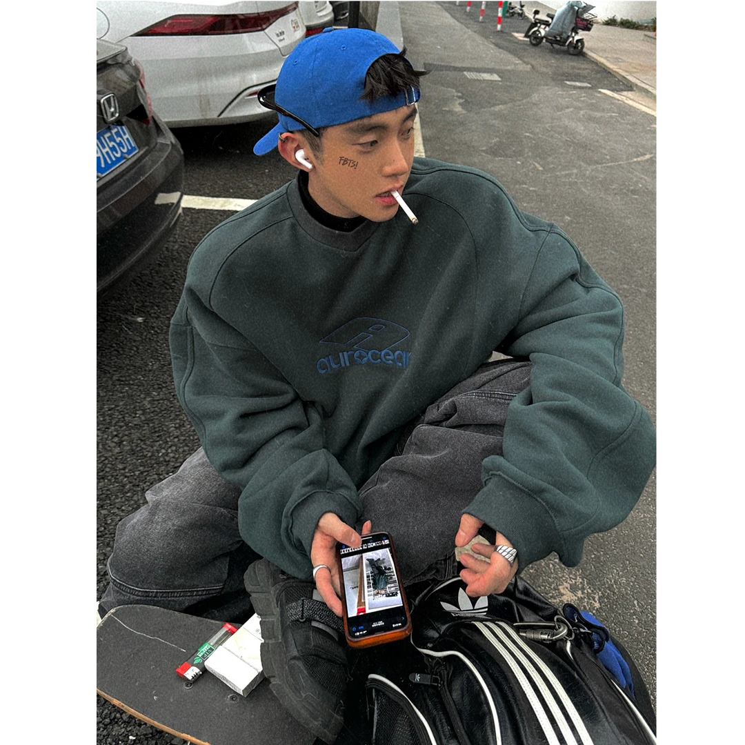 Aurocean 古着少年感加绒卫衣 进口刺绣500克摇粒绒冬季保暖内搭