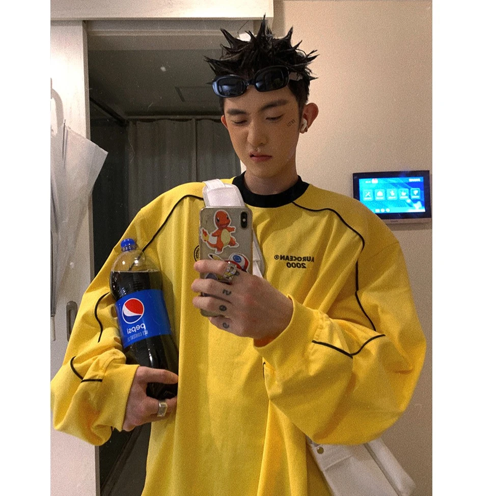 Aurocean 元气黄黑撞色T恤 复古运动少年320克重磅全棉宽松版长袖