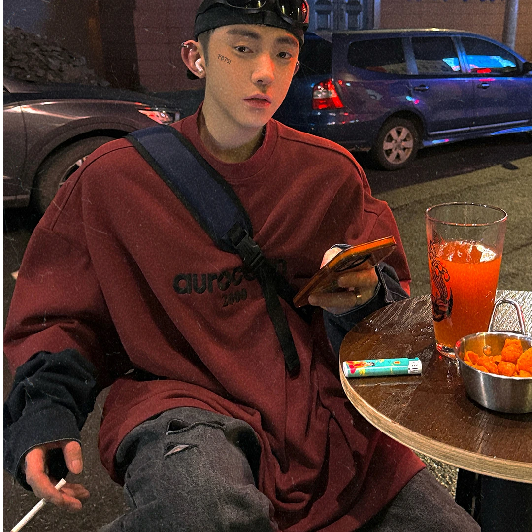 Aurocean 美式男孩假两件卫衣 重磅纯棉水洗做旧春款半高领