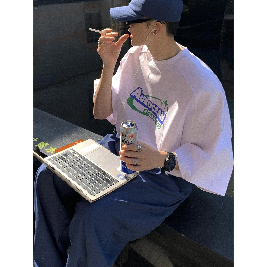 Aurocean 复古印花T恤 320克重磅全棉蓝绿撞色简约少年感DT8