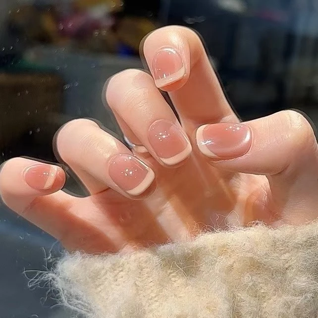 【芭乐奶盖】野世手工穿戴甲 裸粉细闪猫眼 手绘法式边简约高级