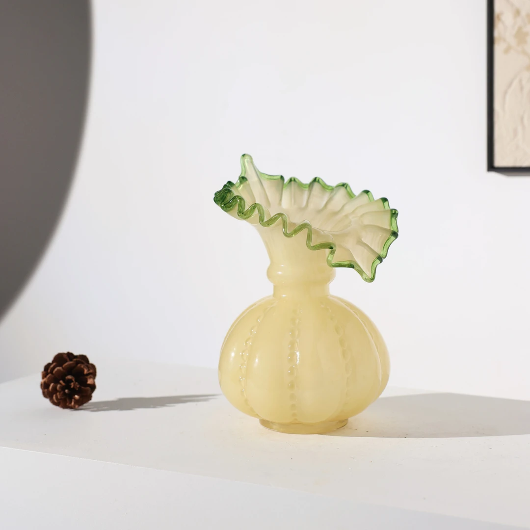 田园菜花中古芬顿仿叶片手工复古玉质琉璃插花客厅餐桌玻璃花瓶