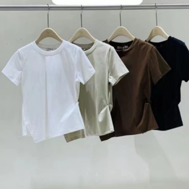 静姐 【开叉显瘦小短袖】新款开叉圆领洋气减龄休闲短袖上衣U06895