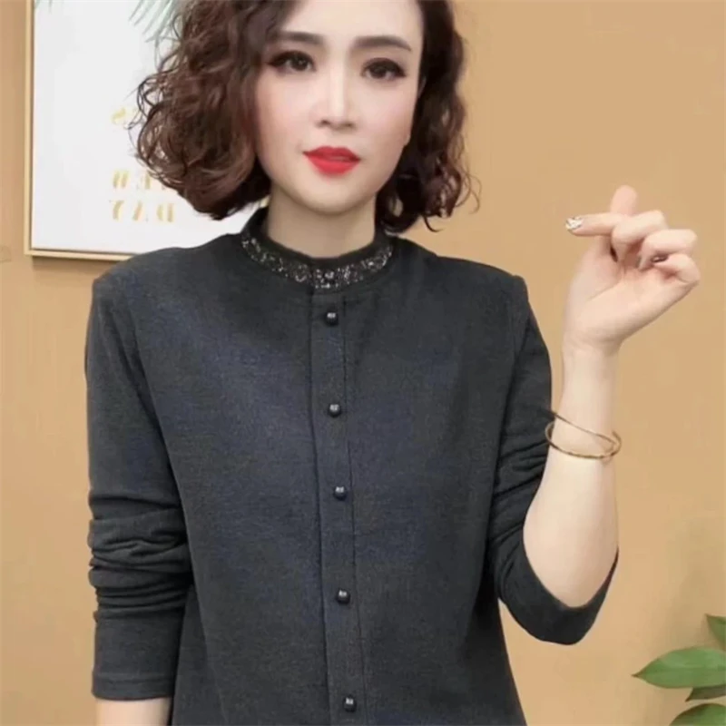 2024新款时尚秋冬款洋气百搭领子烫钻长袖减龄打底衫超好看上衣
