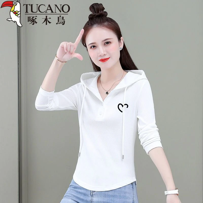 清仓捡漏啄木鸟品牌大码长袖T恤女薄款ins春秋连帽修身时尚打底衫