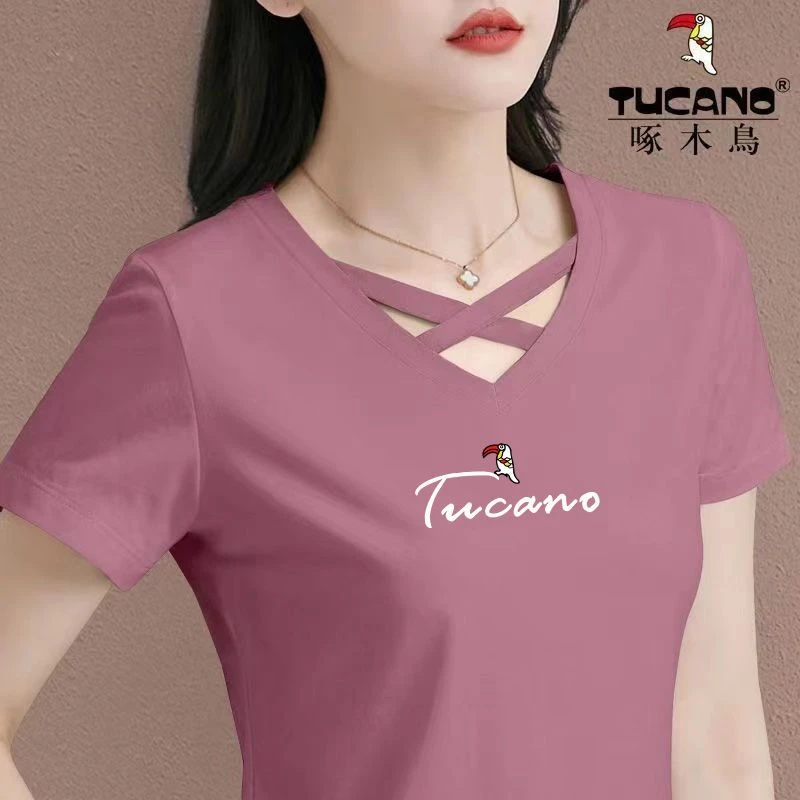 清仓捡漏啄木鸟品牌大码时尚镂空V领短袖T恤女夏新款休闲百搭上衣