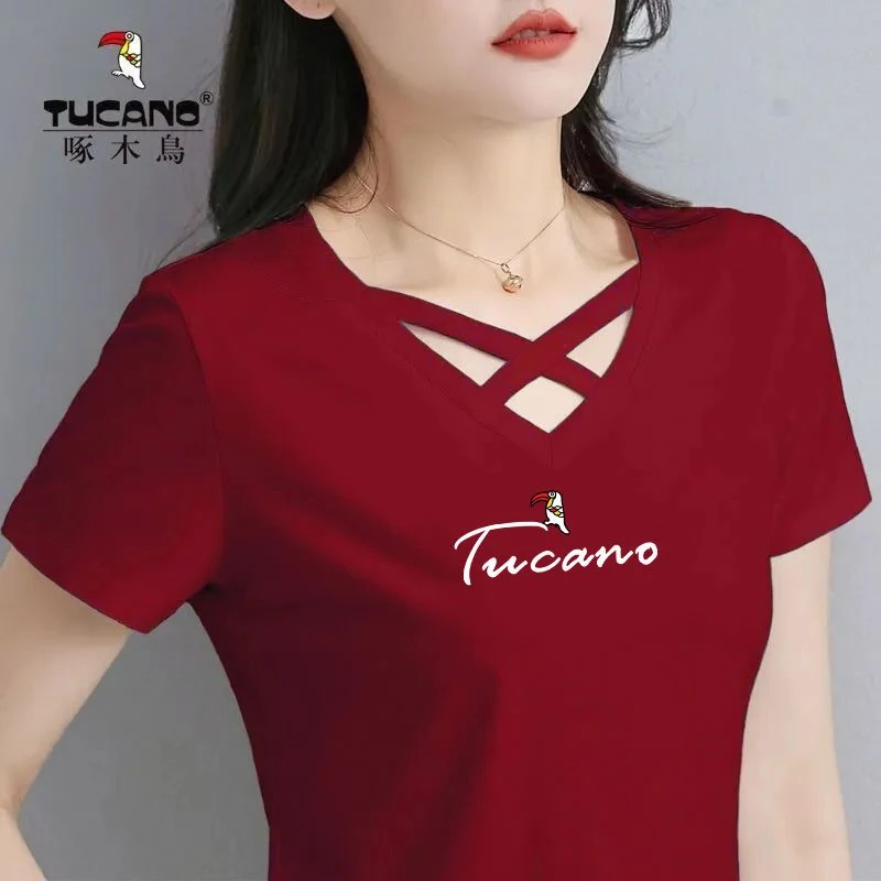 清仓捡漏爆款秒杀啄木鸟时尚镂空V领短袖T恤女夏新款休闲百搭上衣