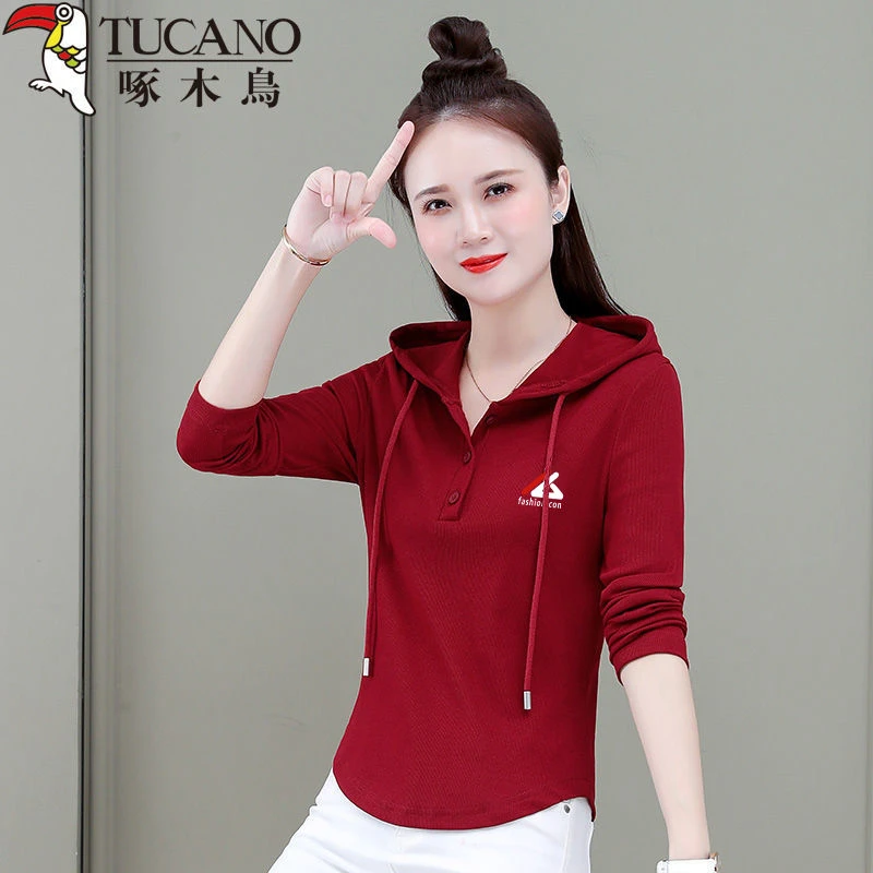 清仓捡漏啄木鸟品牌大码长袖T恤女ins春秋薄款时尚修身连帽打底衫