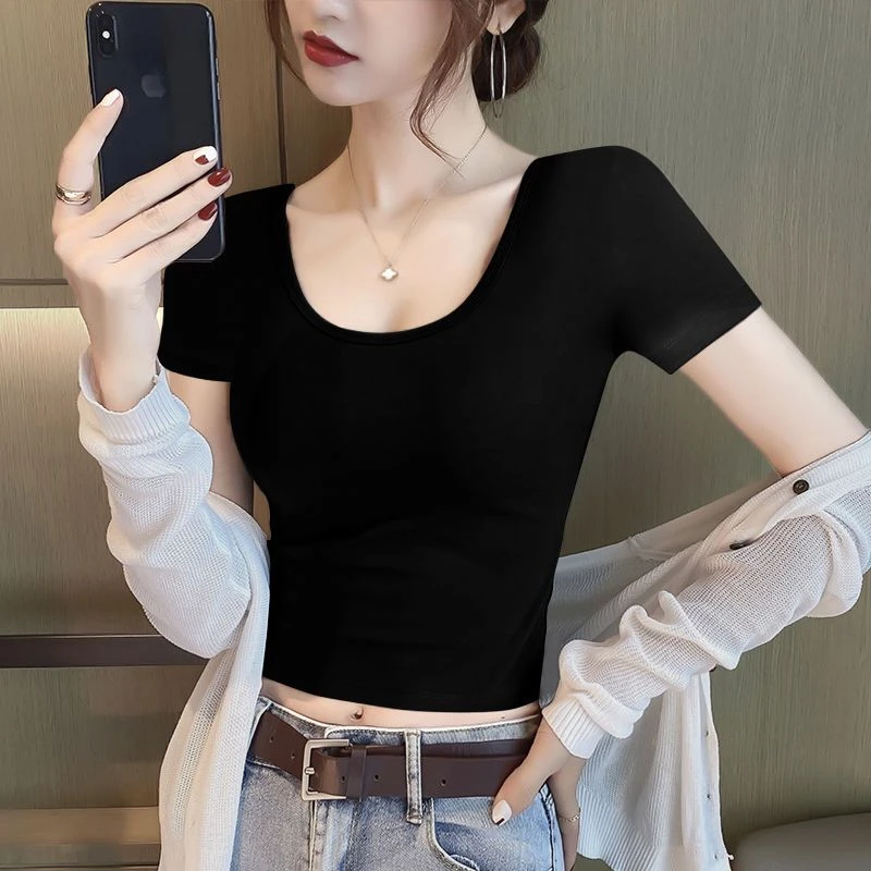 夏季黑色T恤女短款2025新款露肚脐修身短袖螺纹圆领常规纯色上衣