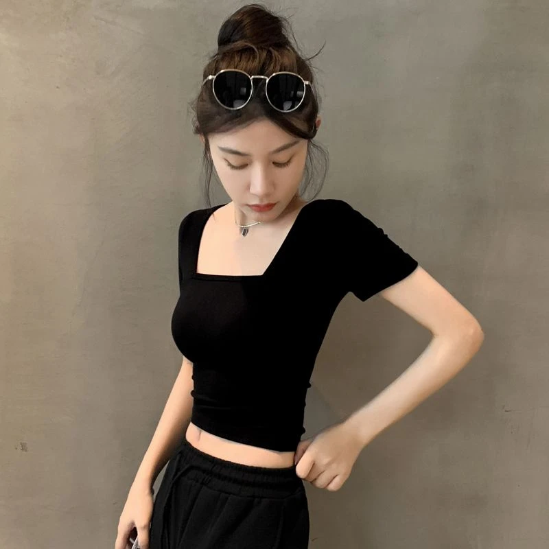 方领露脐短款上衣女夏季2025年新款短袖T恤黑色紧身高腰方领半袖