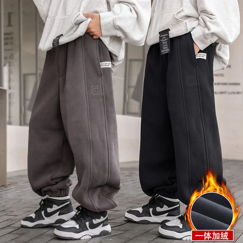 男童一体绒运动裤冬季儿童加绒裤子2025新款秋冬中大童休闲裤男孩