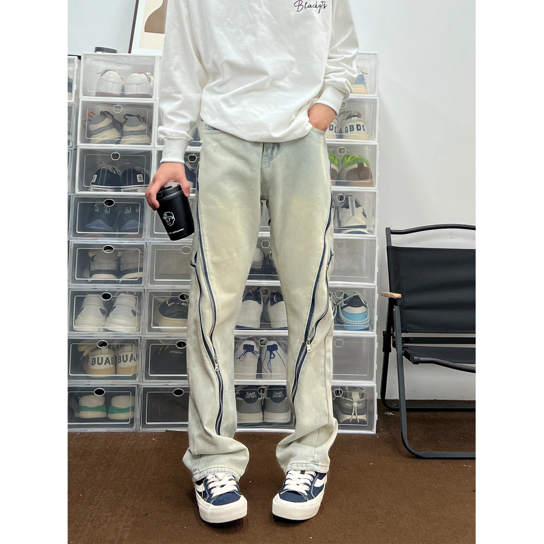 布老哥Blog复古拉链设计感宽松休闲阔腿牛仔裤男直筒长裤子K396