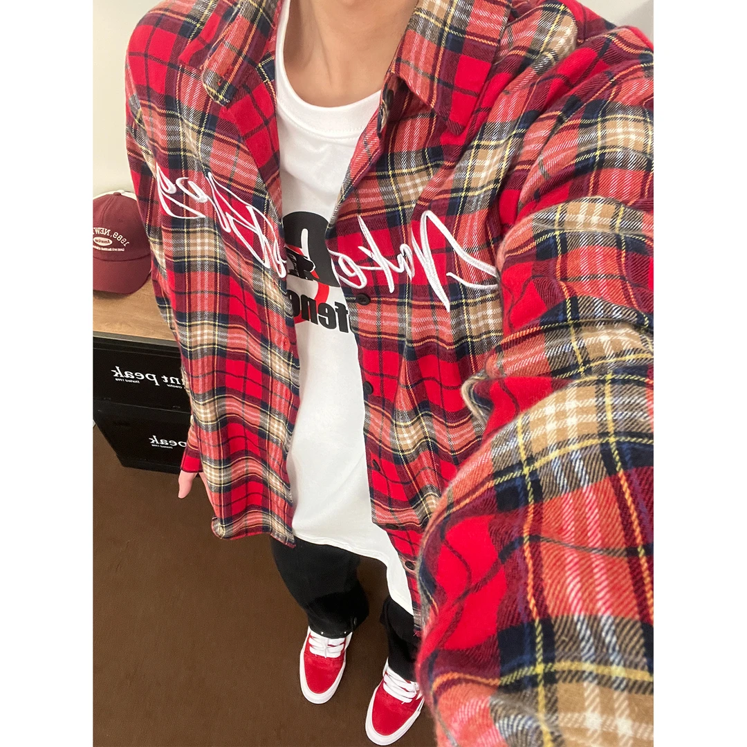 布老哥Blog美式复古个性红色格子衬衫短袖字母刺绣上衣宽松W905