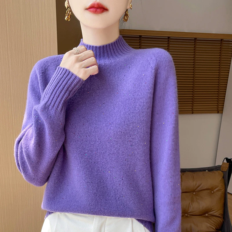 【金丝满天星】珠片卷边领圆领显瘦一线针织100%无缝澳毛衫