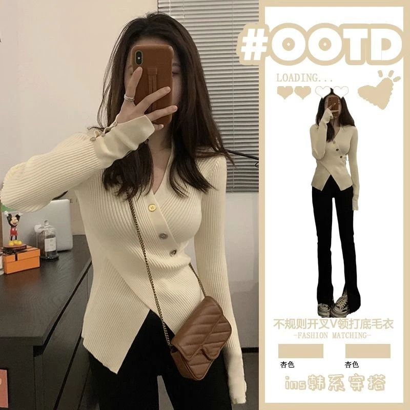 秋冬高级感交叉v领不规则开衫毛衣修身显瘦名媛气质内搭针织衫女