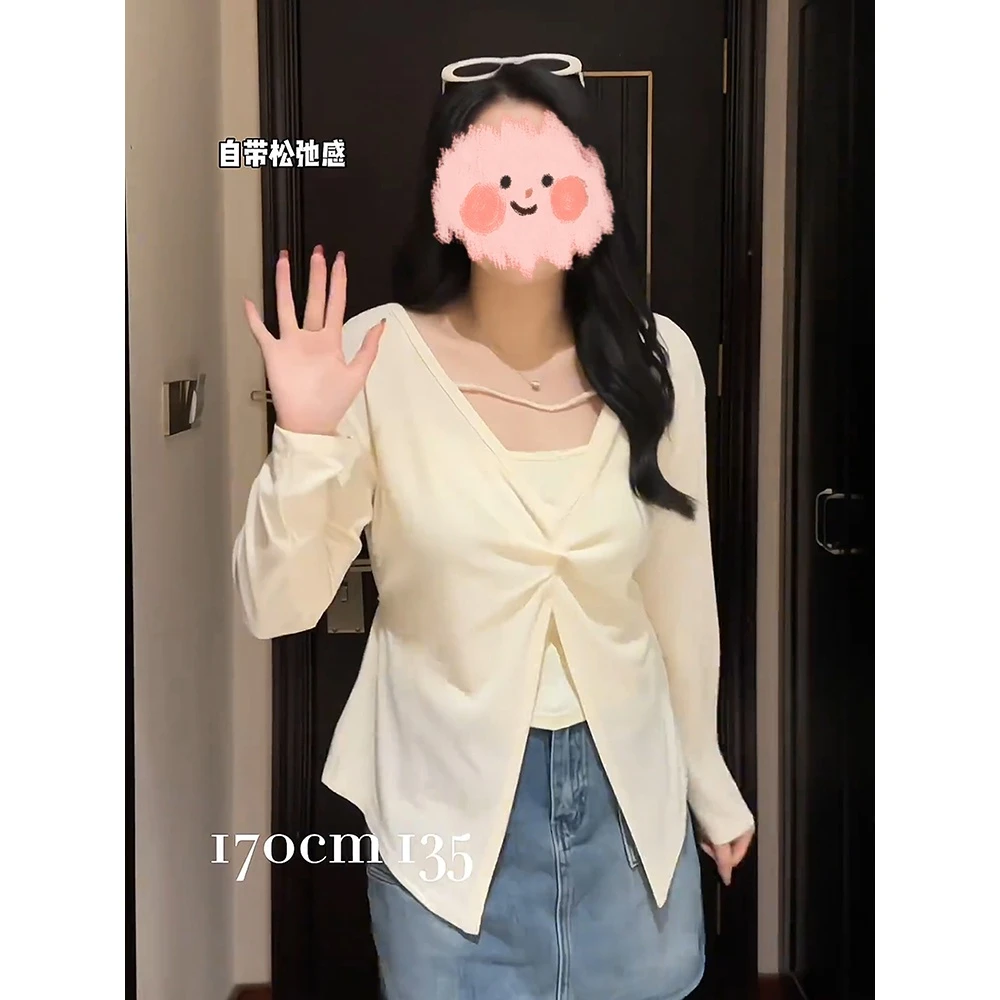 现货【097】大码胖mm设计感V领长袖T恤女超好看小心机显瘦上衣