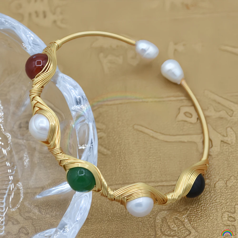 rwbuy品牌设计 天然珍珠玛瑙手工绕金线开口手镯女款轻奢复古手链