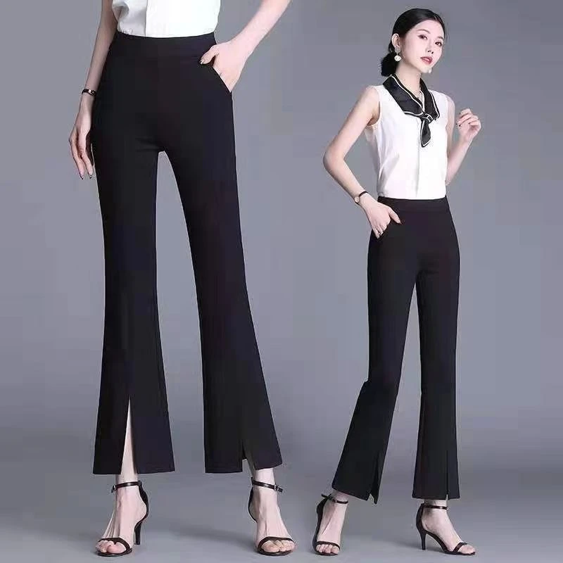 开叉微喇叭裤女夏季薄款高腰弹力大码显瘦百搭外穿黑色休闲九分裤