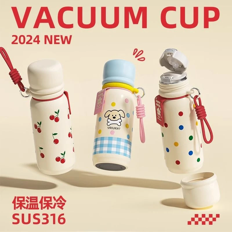 3波点保温杯女生2024新款高颜值学生上学专用便携不锈钢吸管水杯