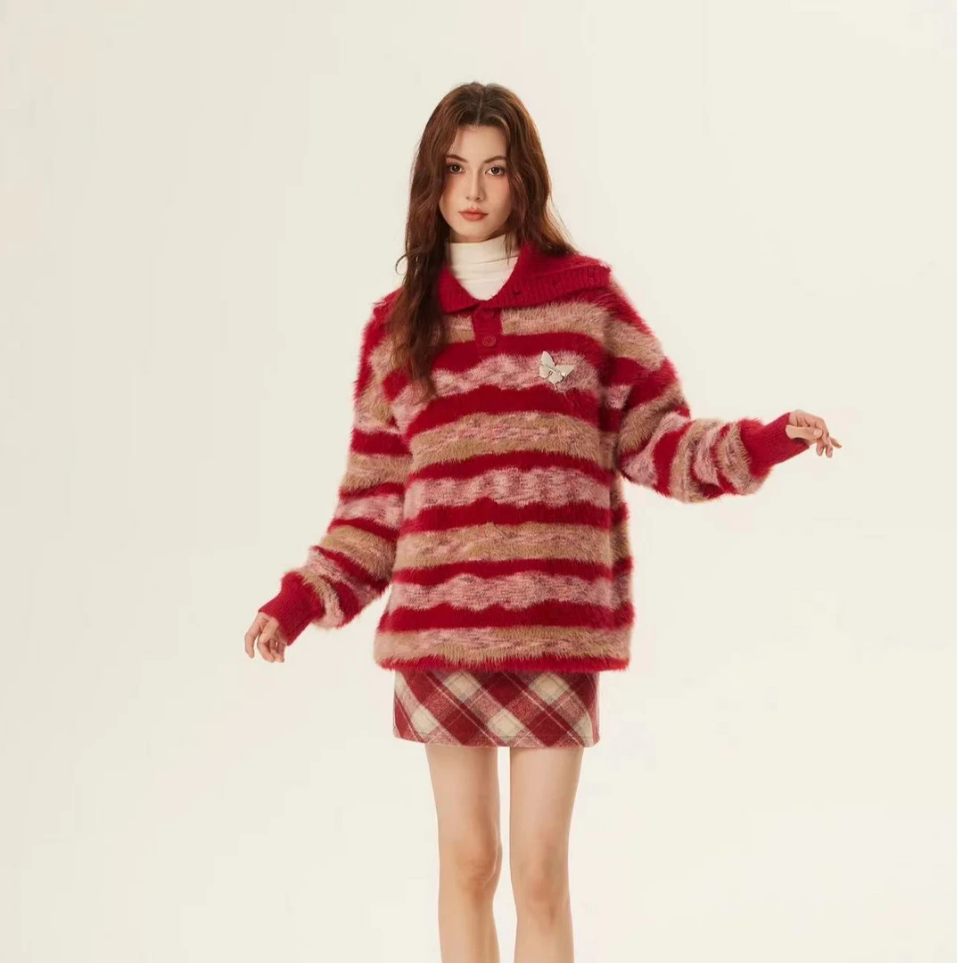 【CHU】红色毛衣女秋冬温柔复古撞色条纹宽松慵懒风外套
