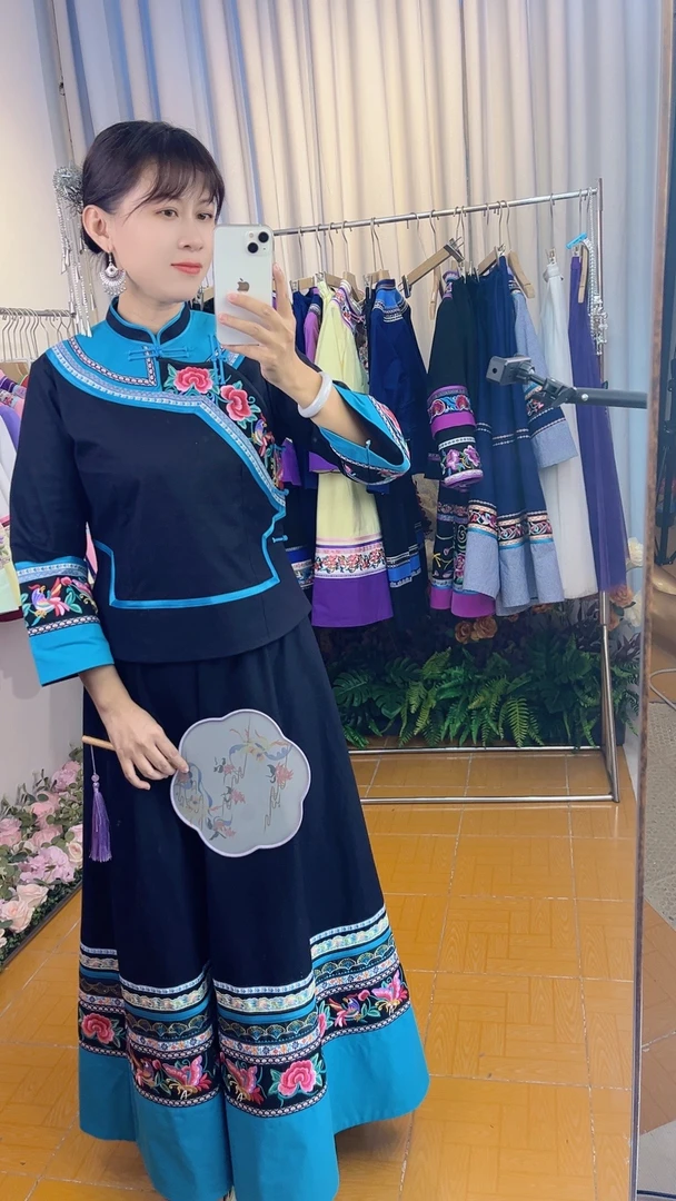 少数民族服装壮族布依族黑色配兰绿色土布套装