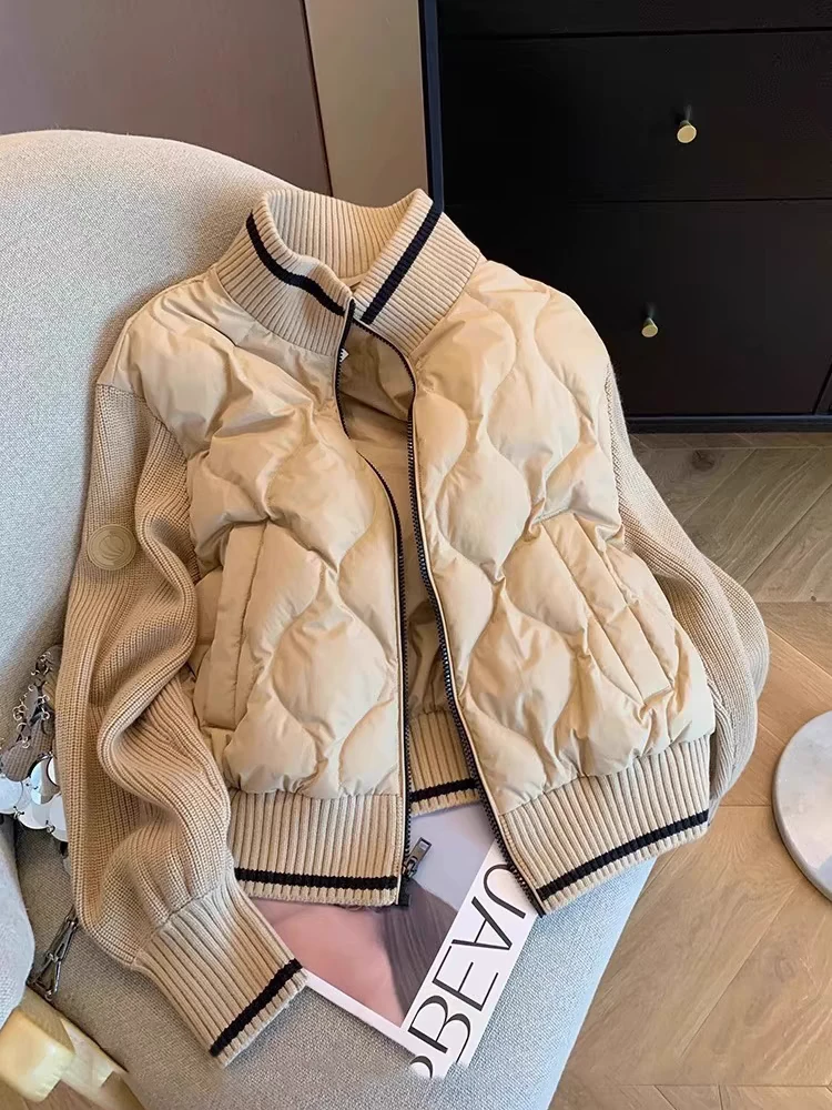 美拉德复古撞色拼接针织菱格棉服外套女秋冬设计感轻薄夹克棉衣