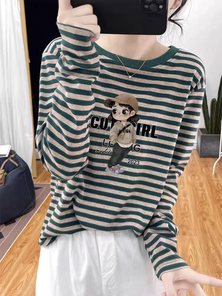 咖色条纹正肩长袖t恤女秋冬内搭德绒打底衫叠穿刺绣磨毛上衣