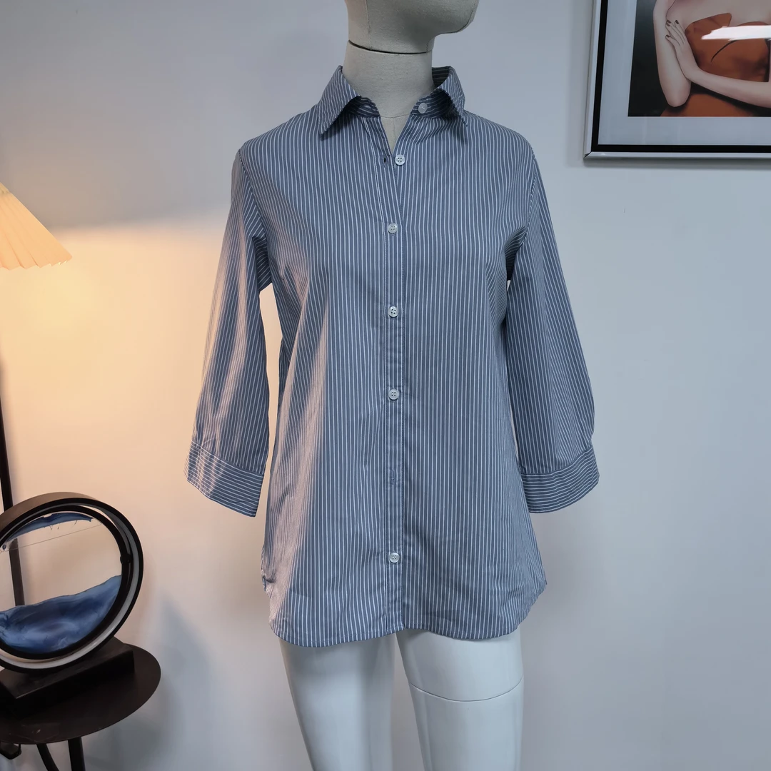 蓝色竖条纹衬衫女英伦风七分袖衬衣职场通勤小清新上衣夏季