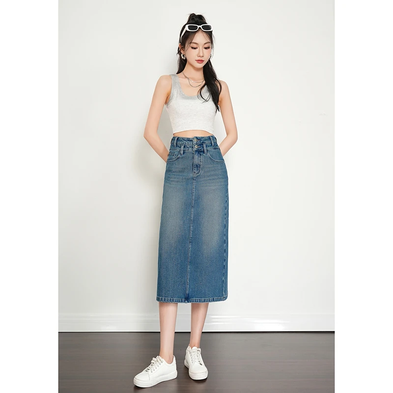 悉妍显瘦半身裙夏季薄款新款复古中长宽松百搭开叉牛仔A字裙167