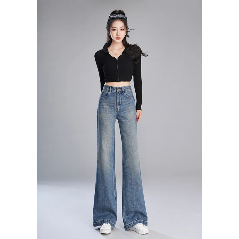 悉妍阔腿牛仔裤女’显瘦复古美式直筒24年秋冬新款窄版喇叭裤F911